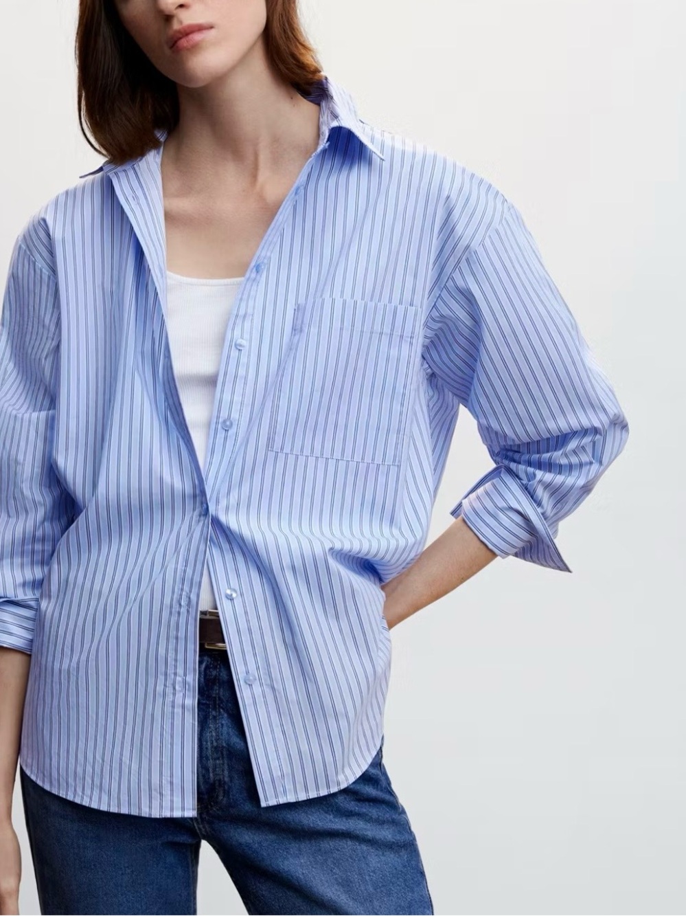 Light Blue Pinstripe Button-Up Shirt. Size 16.